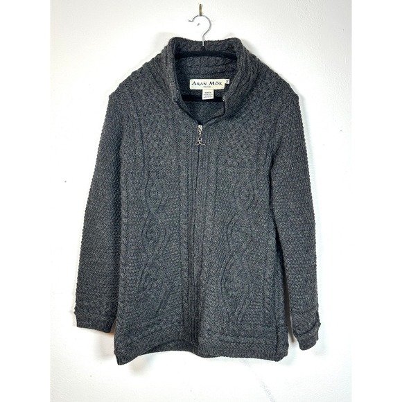 Aran Mor Ireland Womens M merino wool sweater gray full zip cable knit - Picture 1 of 10